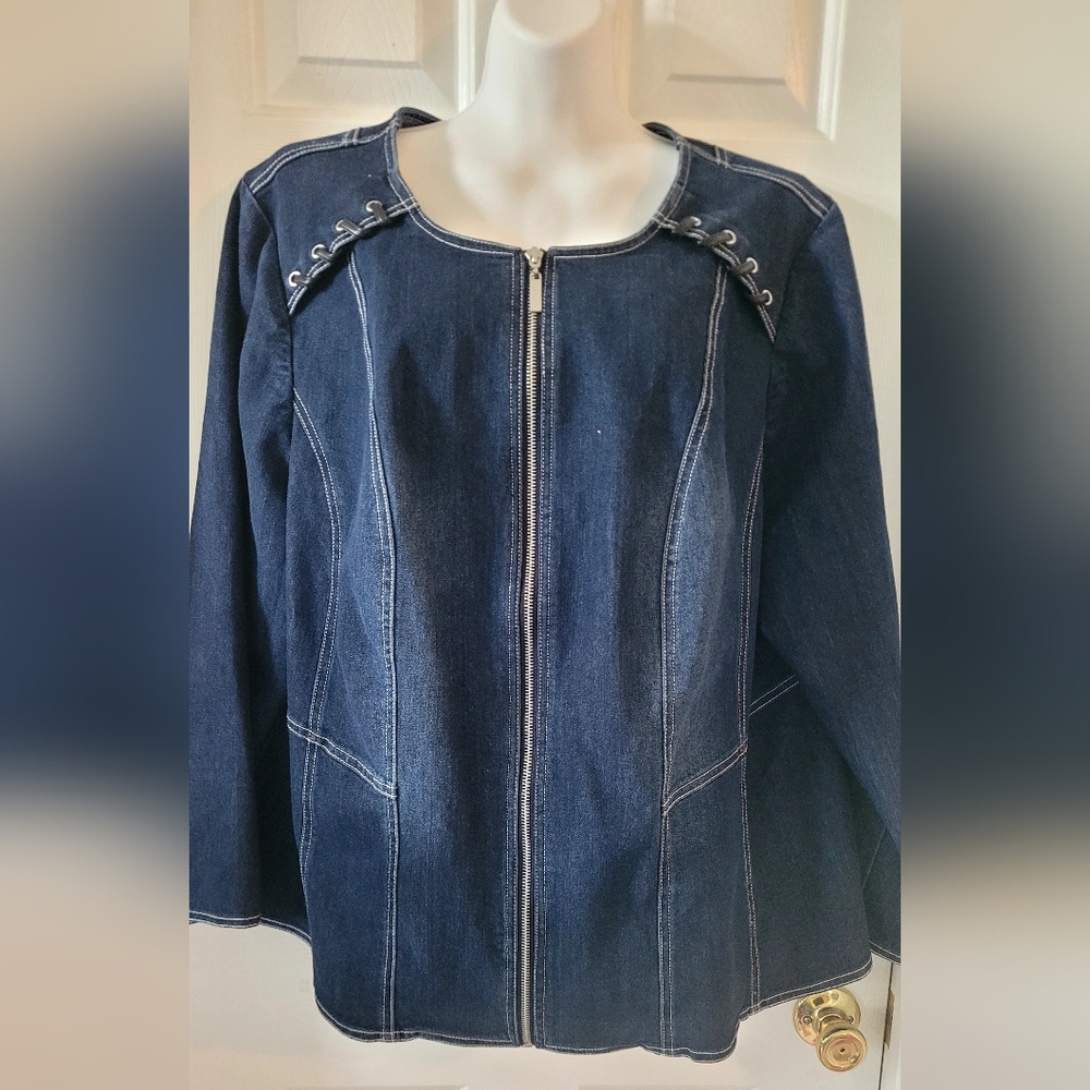 Catherines EUC denim blazer jacket full zip leather trim 1X